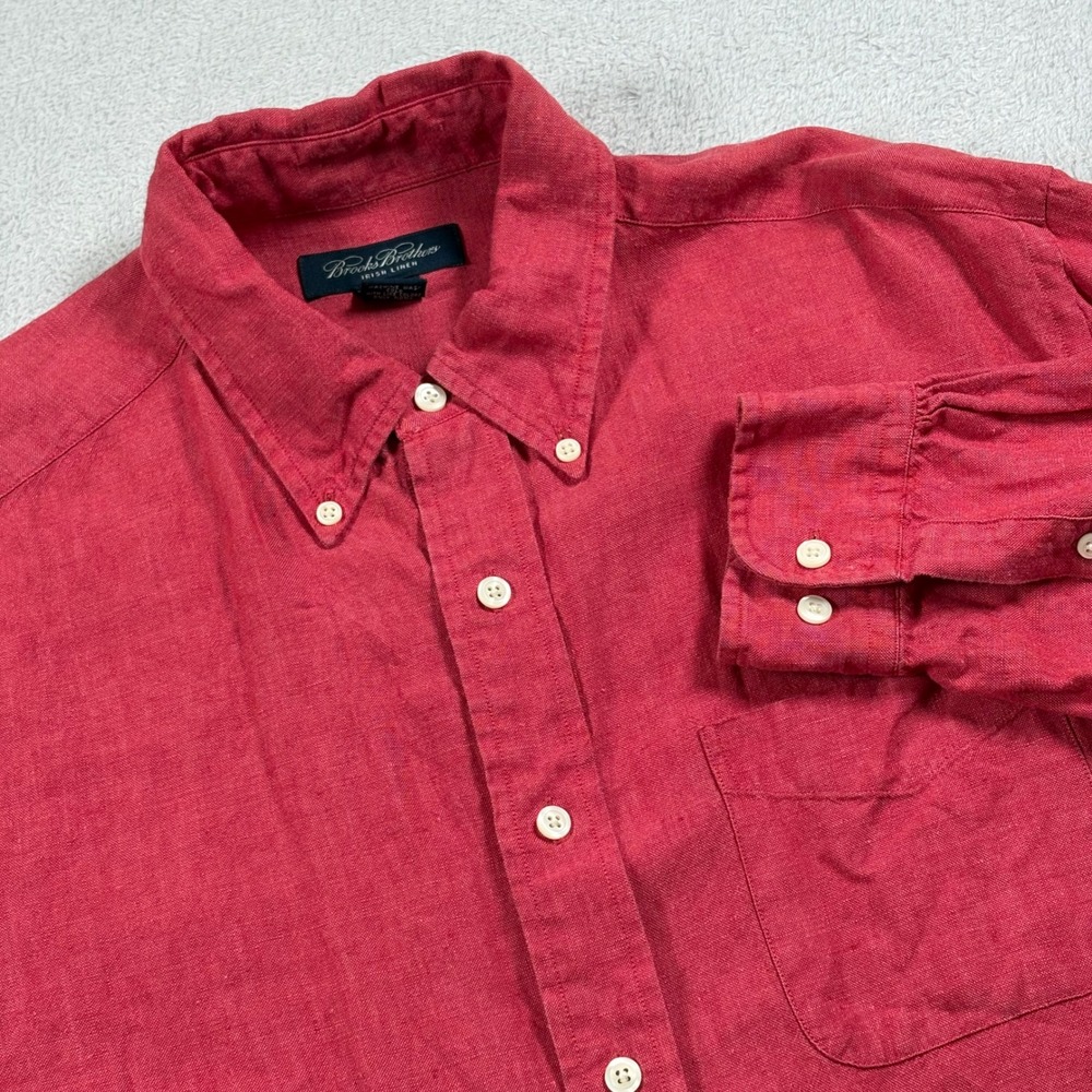 Brooks Brothers Mens Irish Linen Button Down Shirt Red Long Sleeve Large 4477